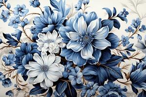 AI generated Blue and white flowers on black, A close-up of a bouquet of blue and white flowers on a black background. The flowers are likely delphiniums and larkspurs photo