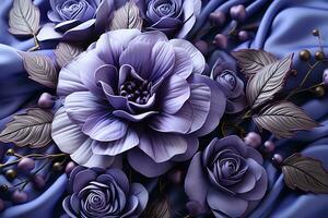 AI generated a beautiful arrangement of purple roses and leaves on a white satin background. The roses are intricately crafted and the leaves are delicately arranged. photo