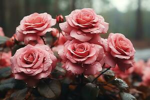 AI generated a group of pink roses with dew drops on their petals. The roses are in full bloom and are set against a blurred background of a forest. photo