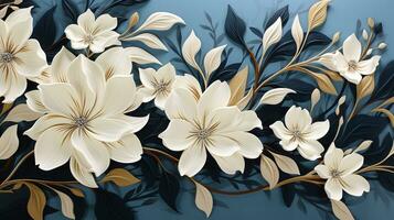 AI generated White flowers on blue background, This close-up photo of white flowers on a blue background is both simple and elegant. The delicate flowers are in sharp focus