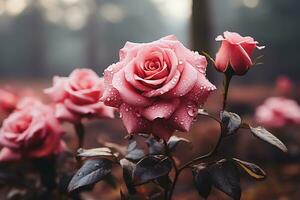 AI generated a close up of a pink rose with dew drops on its petals. The rose is in full bloom and is the focal point of the image. The background is blurred and consists of other roses and foliage. photo