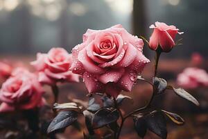 ai generado un cerca arriba de un rosado Rosa con Rocío gotas en sus pétalos el Rosa es en lleno floración y es el focal punto de el imagen. el antecedentes es borroso y consiste de otro rosas y follaje. foto