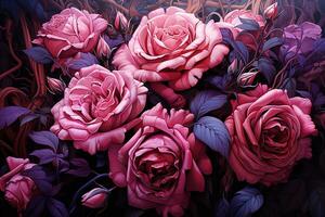 AI generated a group of pink roses with a dark background. The roses are in full bloom and the petals are intricately detailed. The background is a deep purple with intertwining vines photo