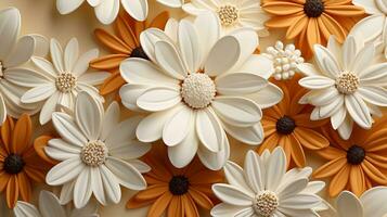 AI generated a stunning bouquet of daisy-like flowers in shades of white and orange. The intricate details of the flowers are captured beautifully against a beige background. photo