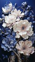 ai generado vibrante ramo de flores de azul y blanco flores arreglado en un florero en un azul antecedentes. el flores son en lleno floración, su delicado pétalos contrastando con el negrita azul antecedentes. foto