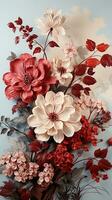 AI generated A variety of flowers are in full bloom on a wall, creating a colorful and vibrant display. The flowers include a mix of red, yellow, pink, and purple, and their delicate petals photo