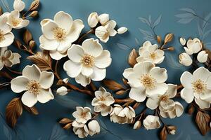 AI generated Close-up of bouquet of delicate white flowers with blue leaves arranged on blue background. Flowers in full bloom, petals soft and delicate. Blue leaves add unique contrast photo