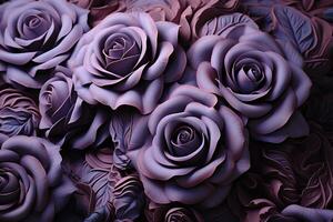 AI generated a close up of a group of blue roses with a purple hue. The roses are arranged in a bouquet-like manner with leaves and petals overlapping. photo