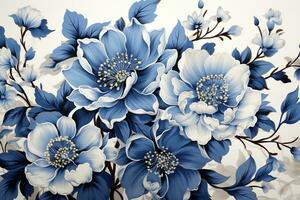 AI generated A closeup of a bouquet of blue and white flowers on a black background. The flowers are likely delphiniums and larkspurs, and they are arranged in a way that makes the image stand out. photo