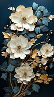 AI generated A close-up of a bouquet of white and gold flowers arranged on a blue background. The flowers are in full bloom and their petals are soft and delicate. photo