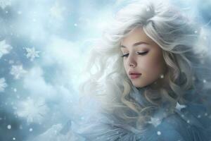 AI generated Winter beauty. Portrait of a beautiful blonde woman with long curly hair. Snowflakes, A mesmerizing scene of snowflakes drifting in the wind with soft colors and a dreamy atmosphere photo