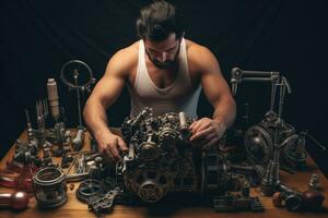 ai generado joven hombre reparando un coche motor en un de madera mesa. oscuro fondo, un hombre es operando y reparando mecánico partes, ai generado foto