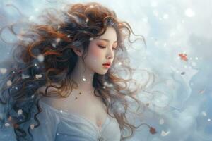 AI generated Beautiful young woman with long curly hair in white dress. Winter fairy tale, A mesmerizing scene of snowflakes drifting in the wind with soft colors and a dreamy atmosphere, AI Generated photo