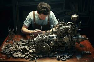 ai generado ingeniero reparando un caja de cambios en un taller. oscuro fondo, un hombre es operando y reparando mecánico partes, ai generado foto