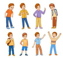 Set of illustrations of boy characters with different emotions. Boy showing thumbs, angry and delighted. isolated on white background. Vector flat cartoon illustration