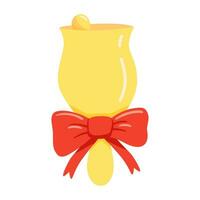 Golden bell with red bow isolated on white background. Christmas symbol. Vector cartoon illustration.