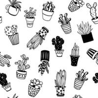 Seamless pattern with cute hand drawn vector cactus. Succulents and cacti in variety of pots on white.