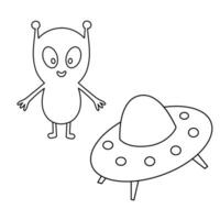 Cartoon vector outline alien and ufo. Line illustration for childish coloring book