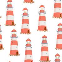 Seamless pattern with striped red and white lighthouse on stones on white background vector