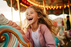 ai generado cerca arriba retrato de un contento pequeño niña teniendo divertido en un tiovivo, un contento joven niña expresando emoción mientras en un vistoso carrusel, ai generado foto