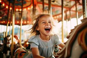 ai generado retrato de un alegre pequeño niña teniendo divertido en un carrusel, un contento joven niña expresando emoción mientras en un vistoso carrusel, ai generado foto