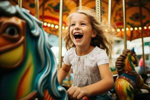 ai generado contento pequeño niña teniendo divertido en un tiovivo, un contento joven niña expresando emoción mientras en un vistoso carrusel, ai generado foto