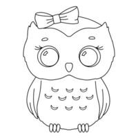Cute little girl owl line with bow. Vector outline sketch for childish coloring book. Baby bird for kids
