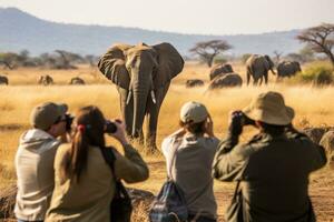 ai generado grupo de turistas tomando fotos de un elefante en serengeti nacional parque, Tanzania, un grupo de joven personas reloj y fotografía salvaje elefantes en un safari excursión en un nacional parque,