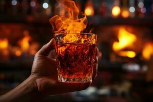 ai generado mano de barman participación vaso de whisky con hielo cubitos en fuego fondo, un vaso de ardiente cóctel en el bar mostrador en contra el antecedentes de el del barman manos con fuego foto