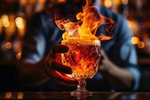 AI generated Bartender is holding a glass of alcoholic cocktail with ice, A glass of fiery cocktail on the bar counter against the background of the bartender's hands with fire, AI Generated photo