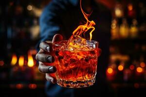 AI generated Barman hand holding a glass of cocktail with ice on fire background, A glass of fiery cocktail on the bar counter against the background of the bartender's hands with fire, AI Generated photo