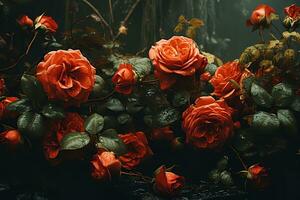 AI generated a group of red roses in a dark and moody setting. The roses are in full bloom and are the focal point of the image. The background is dark and blurred, creating a sense of depth photo