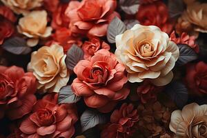 AI generated This close-up image of roses showcases the beauty of nature with its overlapping pattern of pink, orange, and white shades. The roses are arranged in a way that creates a sense of depth photo