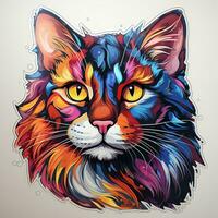 AI generated Whimsical watercolor illustration of a cat head, its fur painted in a vibrant palette of colors. The cat eyes are large and expressive, and its mouth is curled into a playful smile. photo