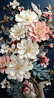 AI generated The flowers are white, pink, and red, and they are set against a dark blue background. The illustration is highly detailed, with each flower and leaf having its own unique shape photo