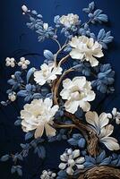 AI generated Stunning artistic photograph of a white flower with delicate petals, captured against a vibrant blue backdrop. The flower's intricate details and soft colors photo