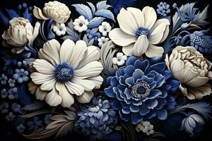 AI generated A bouquet of blue and white flowers is arranged on a black background in a way that makes each flower stand out. The delicate petals of the flowers are captured in sharp detail photo