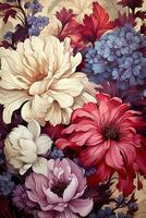 AI generated A vase filled with colorful flowers is arranged in a way that creates a sense of unity and abundance. The flowers are tightly clustered together, with their petals overlapping slightly. photo
