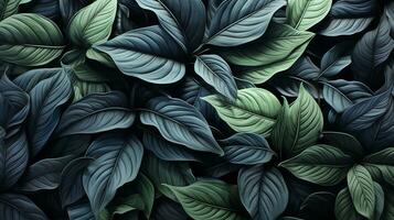 AI generated This closeup image of leaves showcases nature beauty with its overlapping pattern of blue and green shades. photo