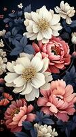 ai generado un hermosa y intrincado ilustración de un ramo de flores de flores en varios sombras de rojo, naranja, y rosado. el flores son conjunto en contra un oscuro azul antecedentes foto