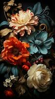 AI generated This digital art image of a baroque-style bouquet of flowers showcases the beauty of nature with its intricate patterns and textures on the flowers and leaves. photo