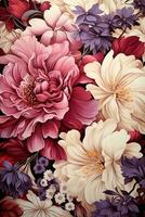 AI generated A beautiful painting of a pink, white, and purple bouquet of flowers is arranged in a way that highlights the delicate petals and vibrant colors of each bloom. photo