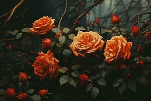 AI generated This beautiful and artistic depiction of orange roses showcases the beauty of nature with its thorny branches and leaves surrounding the roses. photo