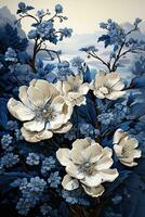 AI generated Elegant bouquet of blue and white flowers on a dark background. The blue flowers are delphiniums, and the white flowers are lilies. photo