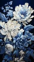 AI generated A close-up of a blue and white flower reveals the delicate petals and vibrant colors of this beautiful bloom. The flower is perfectly centered in the frame photo