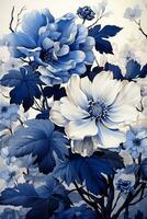 AI generated This beautiful illustration of blue and white flowers is perfect for a background or wallpaper. The flowers are arranged in a way that creates depth and dimension photo