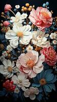AI generated Elegant and mesmerizing bouquet of white flowers with delicate petals, captured against a stark black background. The soft colors and intricate details of the flowers are beautifully photo
