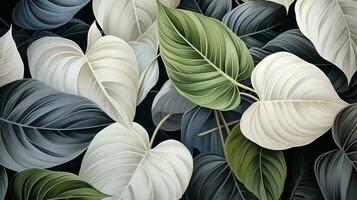 AI generated This close up image of leaves showcases natures beauty with its overlapping pattern of green, white, and gray shades. photo