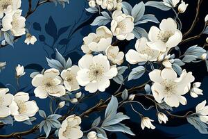 AI generated Stunning close-up photograph of white flowers blooming on a dark blue background. The delicate petals of the flowers are beautifully highlighted against the contrasting backdrop photo