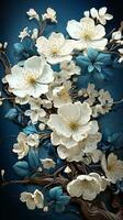 AI generated A macro photograph of a white flower with delicate petals, captured against a vibrant blue backdrop. The flower's intricate details and soft colors are beautifully highlighted photo